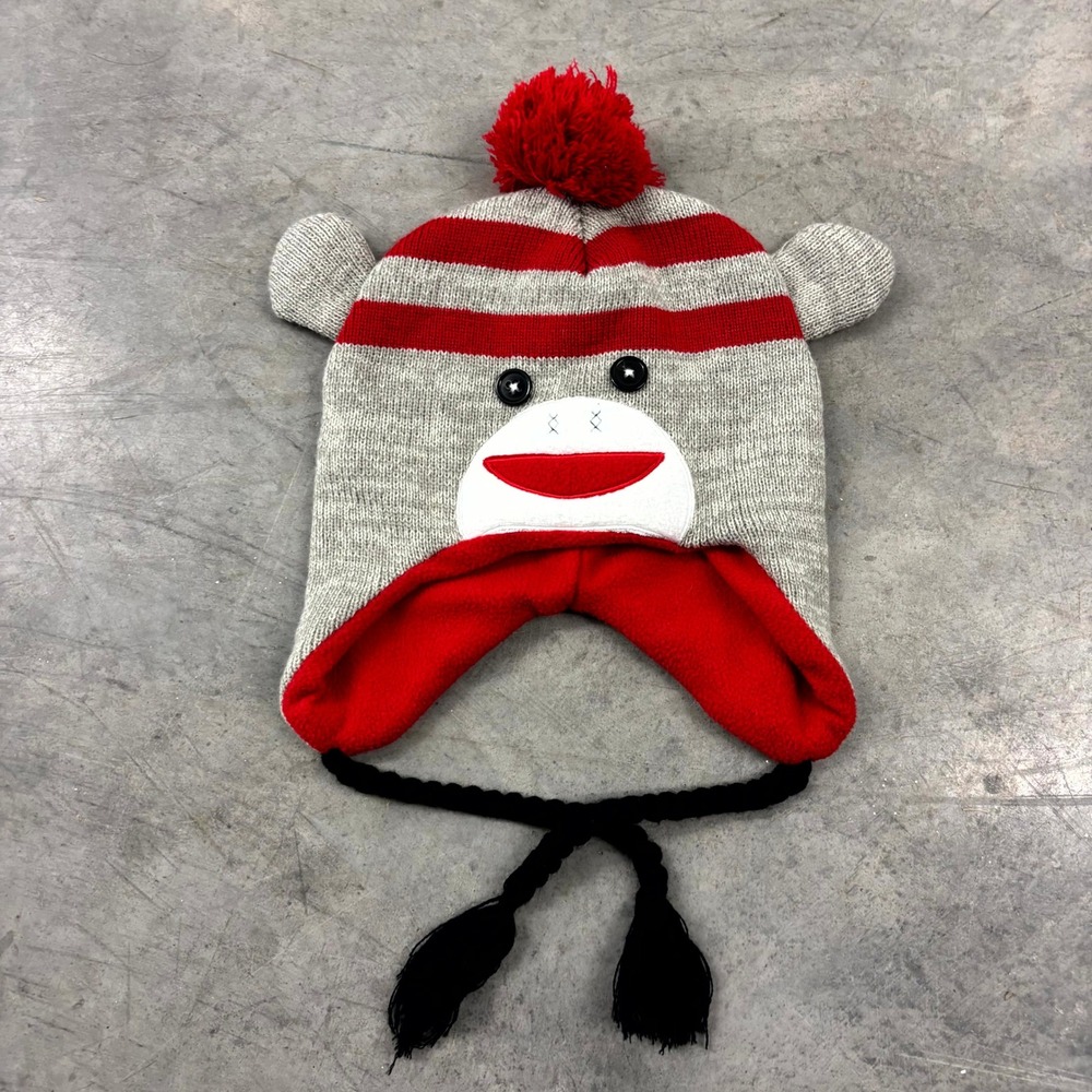 Sock Monkey Knit Trapper Hat Gray Red Striped Fleece Lined Beanie with Ears